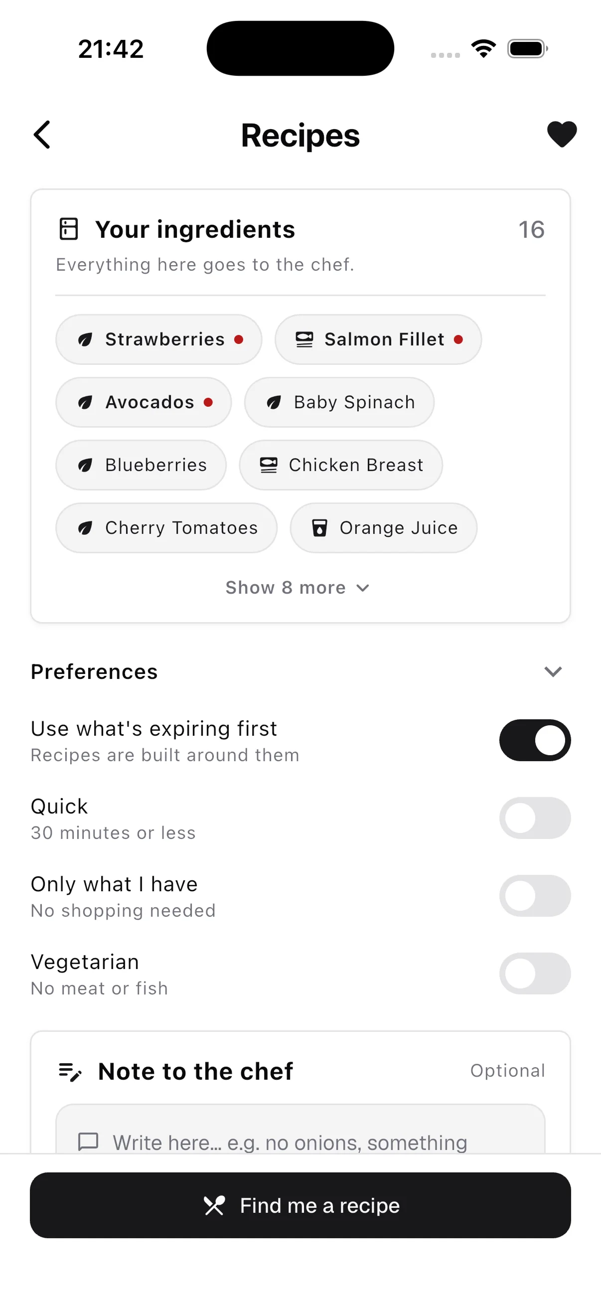 Recipes screen listing fridge ingredients and preferences like Use what's expiring first, Quick, and Vegetarian