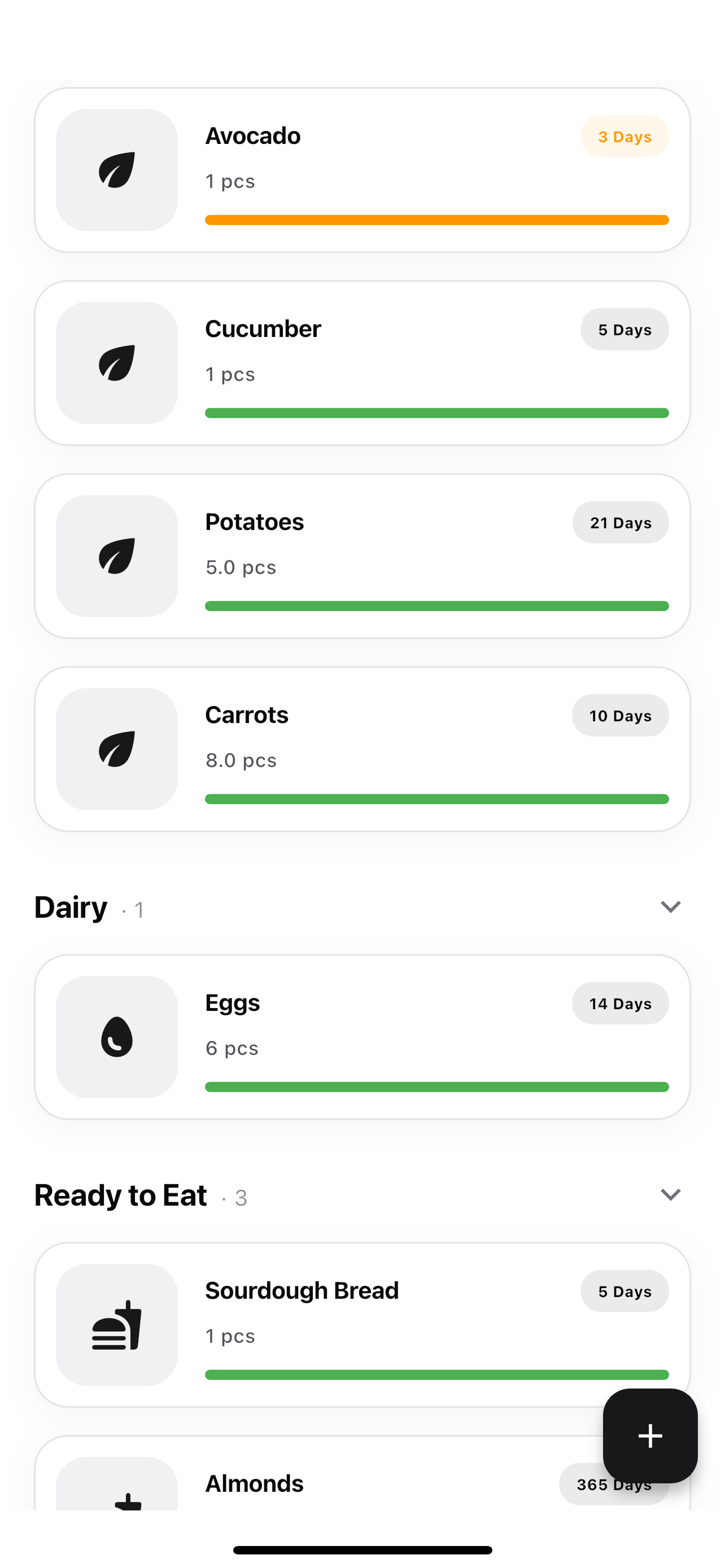 Pantry inventory screen showing saved groceries grouped by category with freshness bars