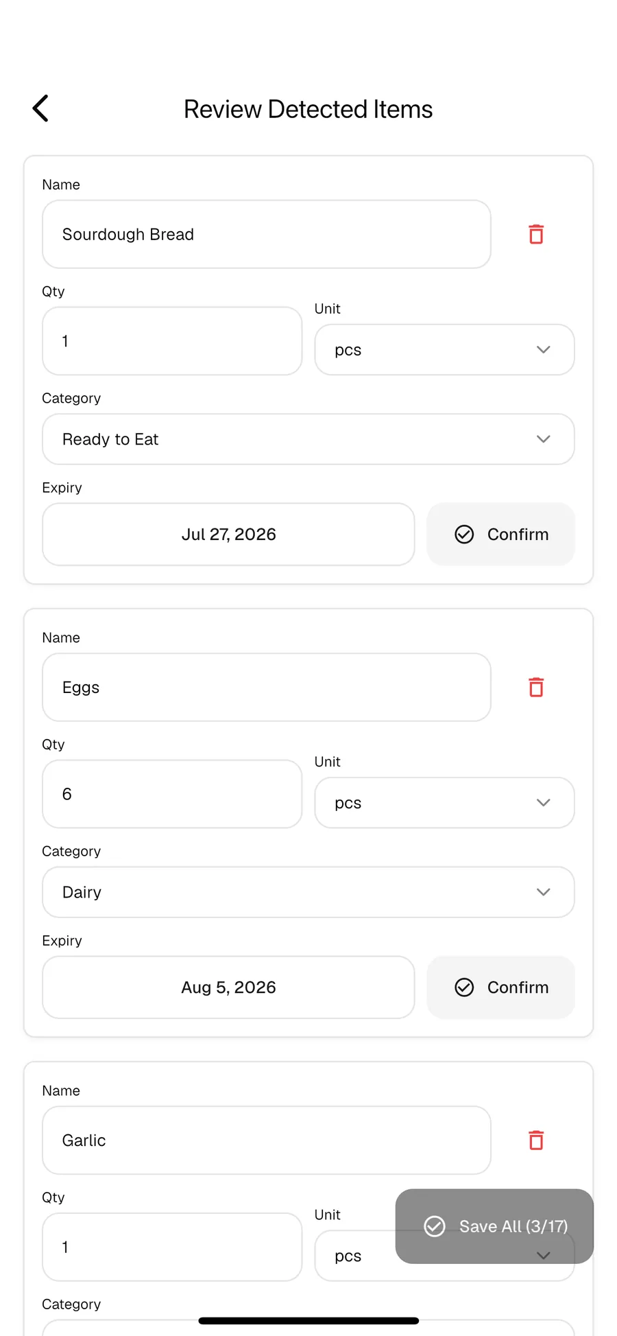 Review Detected Items screen listing groceries the AI recognized from the photo